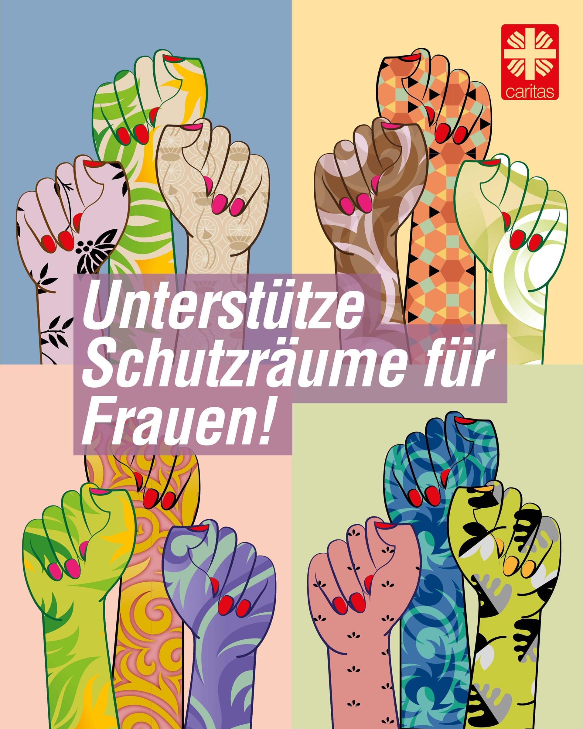 Weibliche Fäuste im Comic-Stil in vier verschiedenen Varianten. Auf dem Bild steht Schutzräume für Frauen unterstützen.