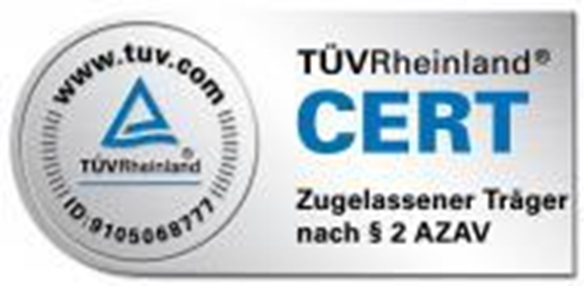 TÜV Siegel ausgestellt vom TÜV Rheinland mit der Aufschrift Zugelassener Träger nach § 2 AZAV.